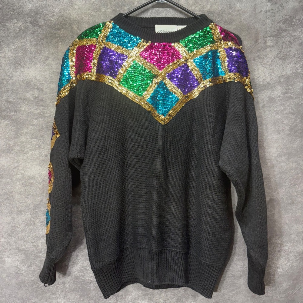 VTG 80s Marnie West Sequin Diamond Sweater Women's Size M Black Maximalist